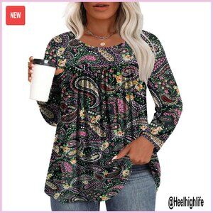 Plus Size Long Sleeve Tunic Top Pleated Flowy Blouse XL-5XL